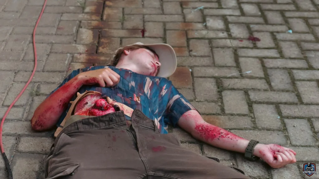 Pozorant z ciężkim urazem brzucha leżący na ziemi podczas scenariusza Tactical Public Rescue 2024